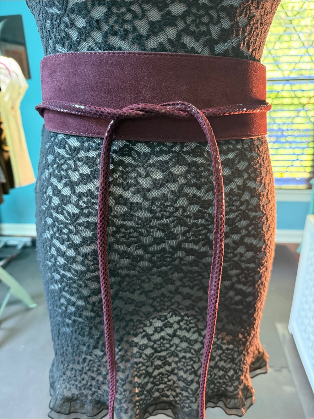 White House Black Market Burgundy Suede Obi Tie Belt